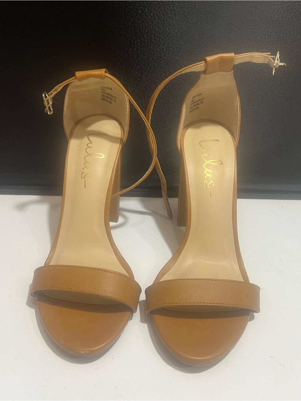 These are Lulus Taylor Camel Stacked Ankle Strap Heels